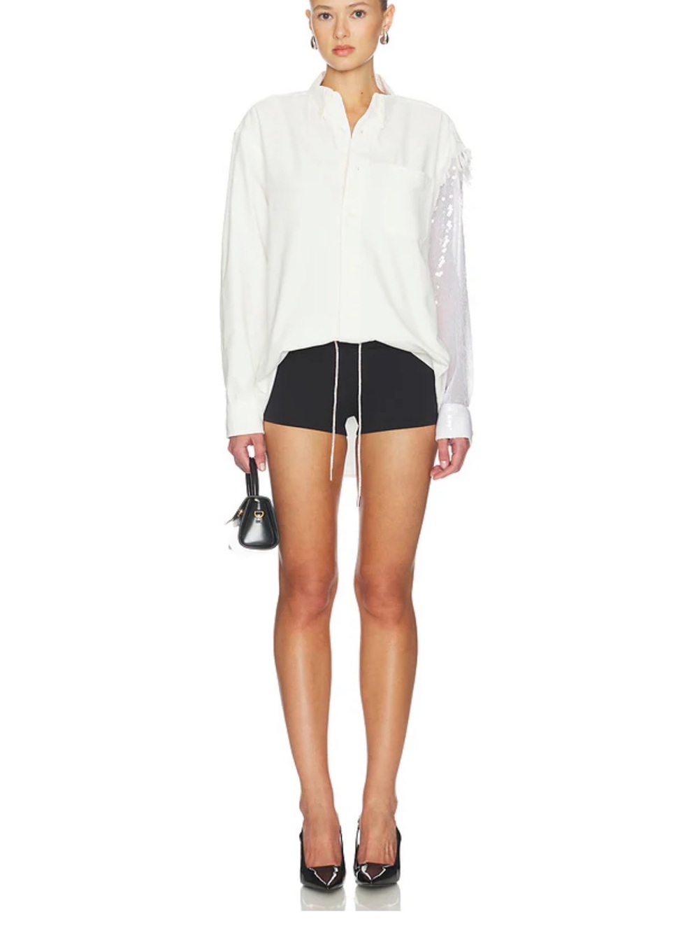 AREA Revolve White Button-Down Shirt with Sequined Sleeve